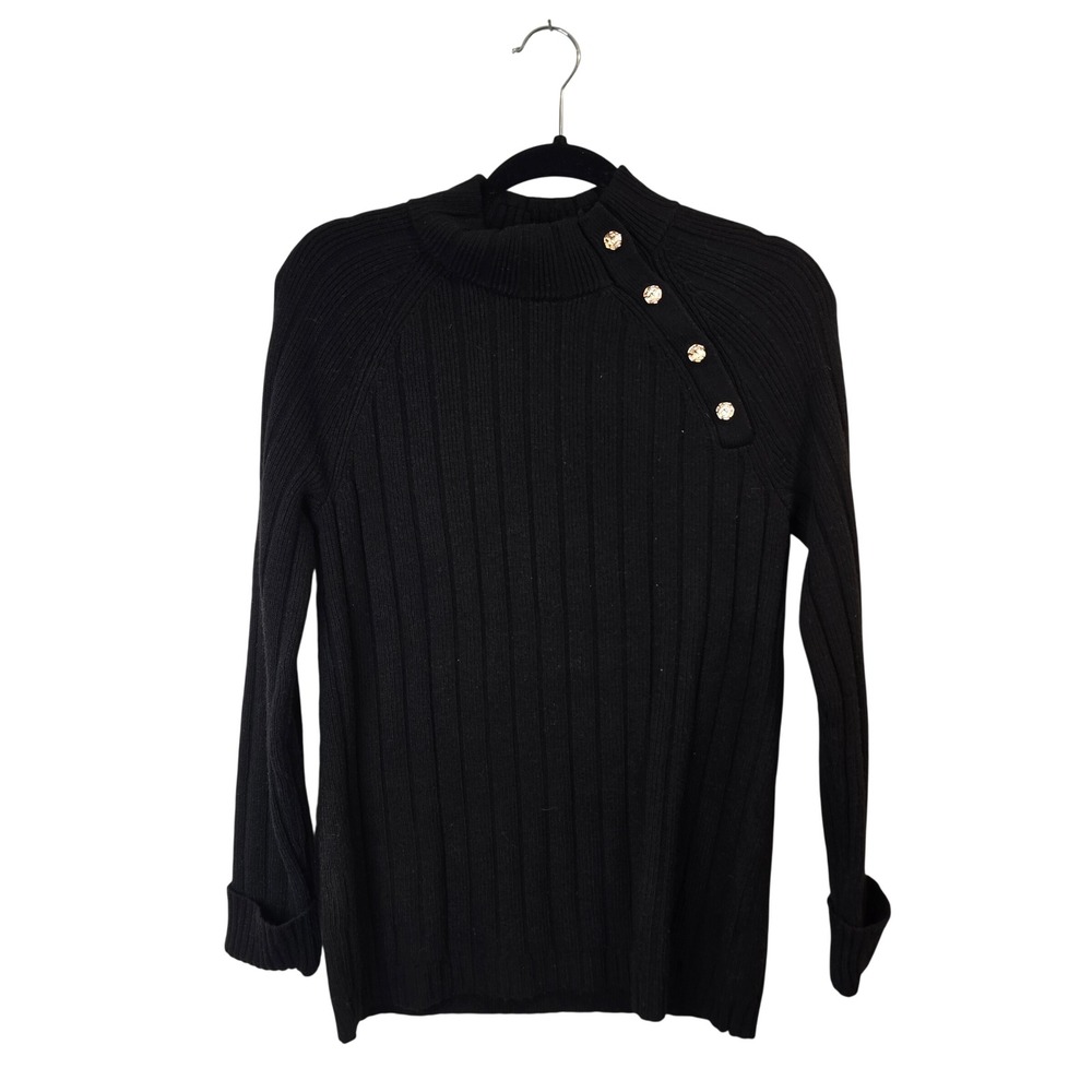 Talbots Sweater Women Small Black Mock Neck Gold Crest Button Ribbed Knit Top